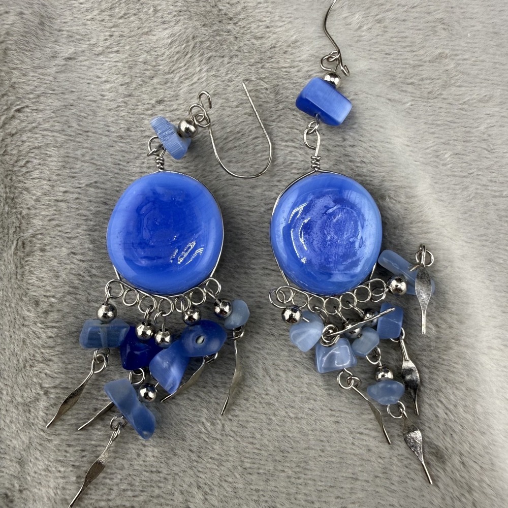 Vintage Estate Chandelier Earrings Blue Glass Dangle Silver Tone READ - Picture 3 of 5